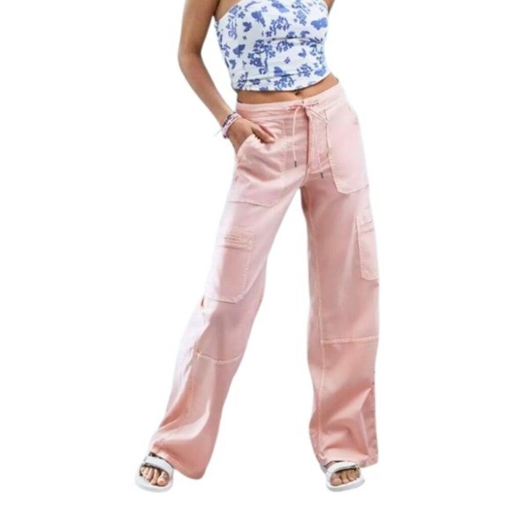 Wide Leg Cargo Pants Drawstring Waist Pink Casual Trousers